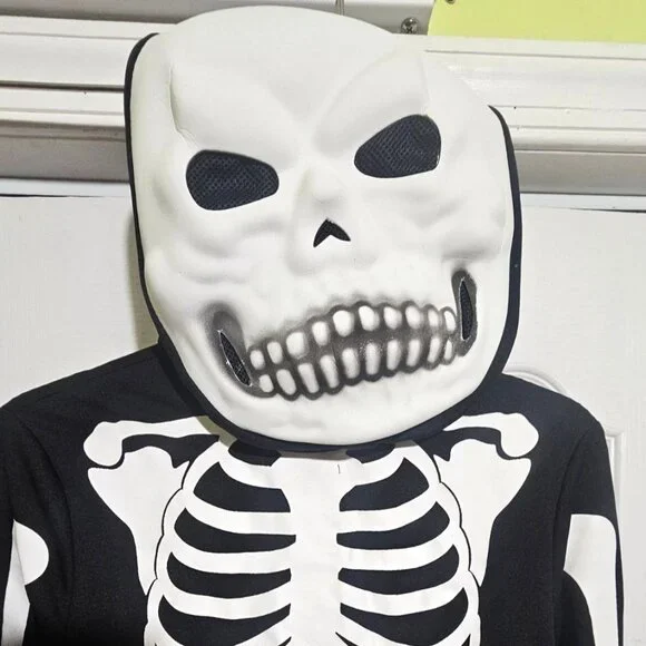 Glow in the Dark Skeleton Costume Kids 8-10 Mask Gloves Skelebones Halloween - Picture 3 of 5